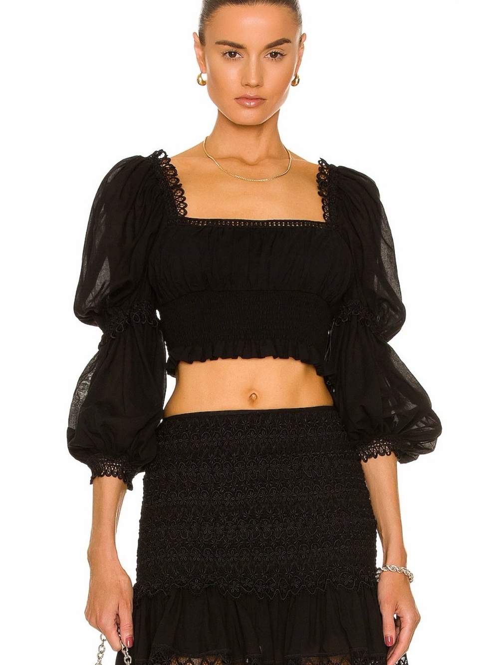 Charo Ruiz Ibiza Daphne Black Puff Sleeve Crop Top
